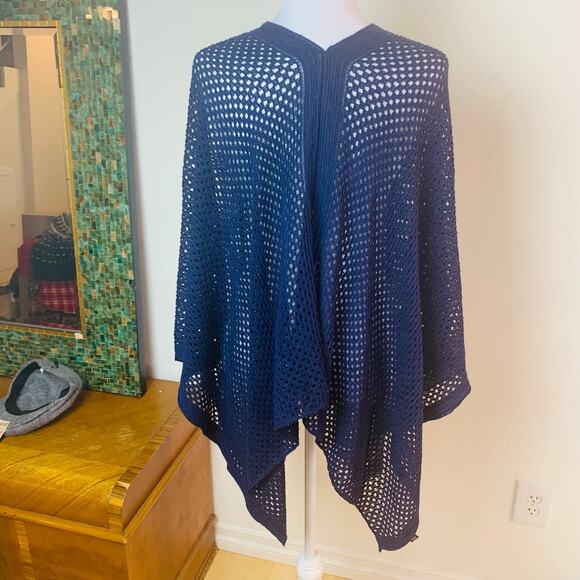 V-Neck Open Knit Kimono Sleeve Poncho Sweater Blue Pullover One Size - Picture 3 of 7